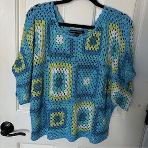 Boston Proper Blues, White and Lime Green Crochet Blouse (cover-up)